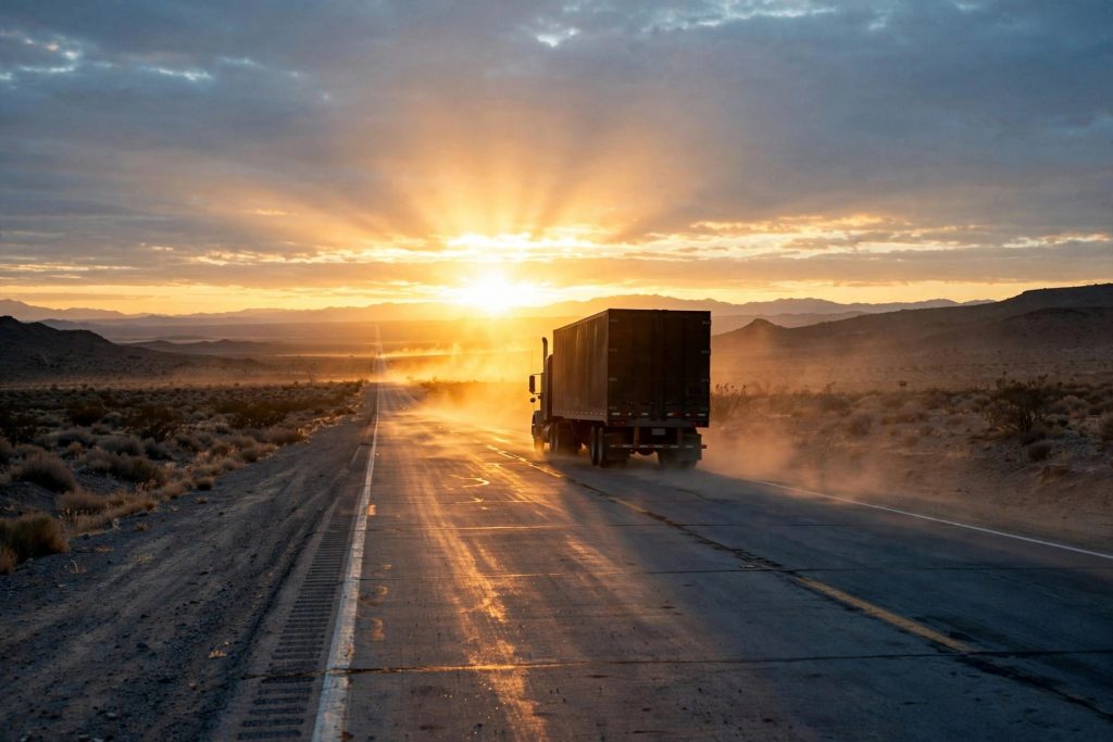 A highway at dawn with a dramatic burst of light and a silhouetted truck on the road, evoking the scale of a Transformers film