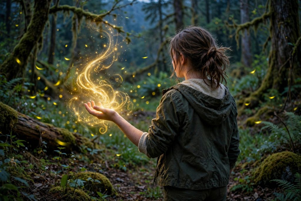 A teenage girl discovers golden magic swirling from her hands in a misty enchanted forest clearing at dusk