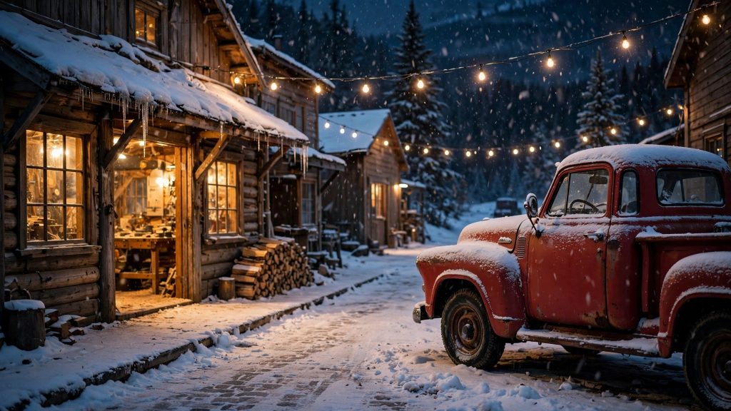 A cozy snowy North Pole style workshop street at night with warm glowing windows and a vintage red truck parked in the snow