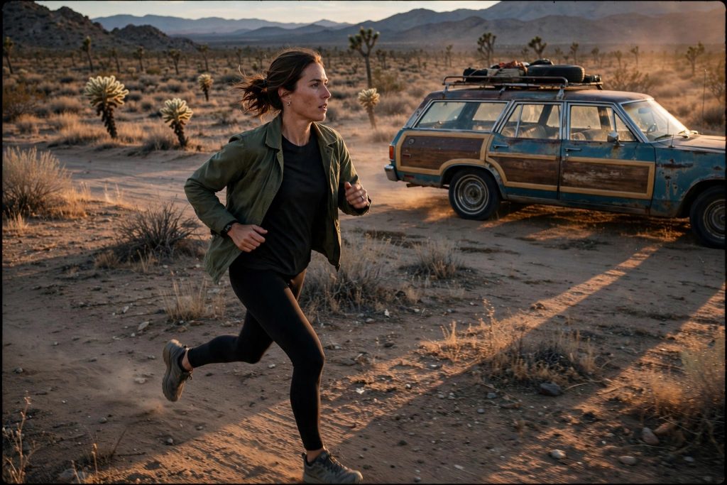 A lone figure running through the California desert at dusk beside an old station wagon, in the style of a VistaVision 35mm film still