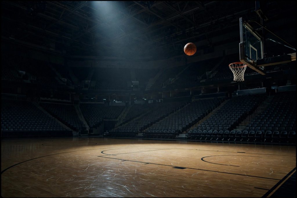 A basketball arena at night with a spotlight on an empty court and a basketball mid-air heading toward the hoop
