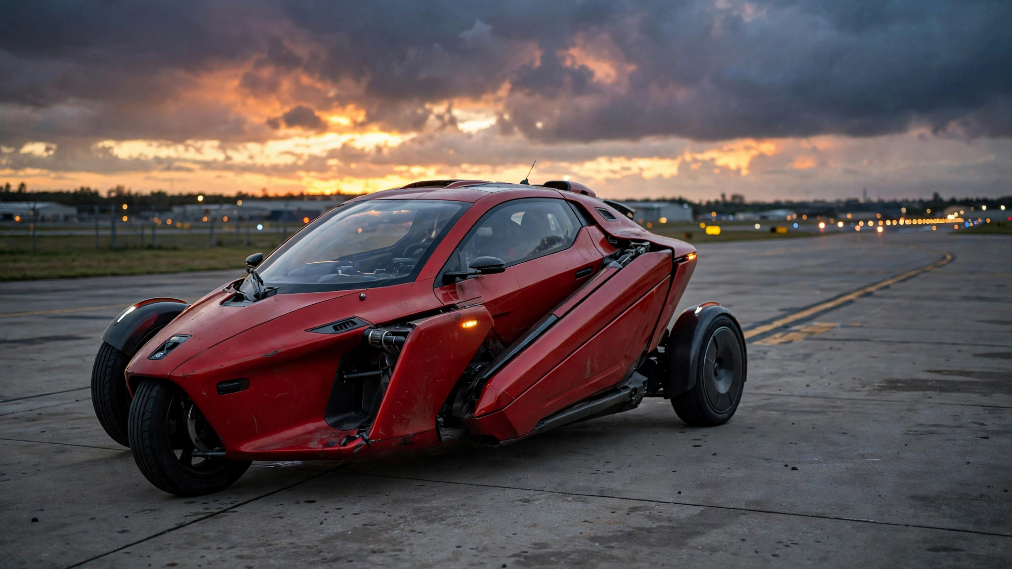 A Samson Sky Switchblade roadable flying car parked on an airport tarmac at dusk