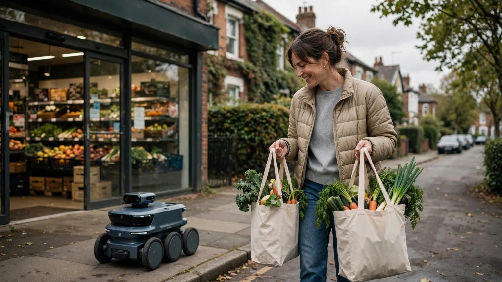 Editorial photograph of a six-wheeled Starship autonomous delivery robot rolling down a leafy British suburban street with shoppers and a supermarket in the background