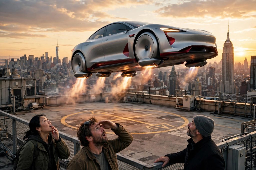 A silver Tesla-style electric flying car rises on glowing thrusters above a Manhattan rooftop vertiport as onlookers watch in amazement at sunset