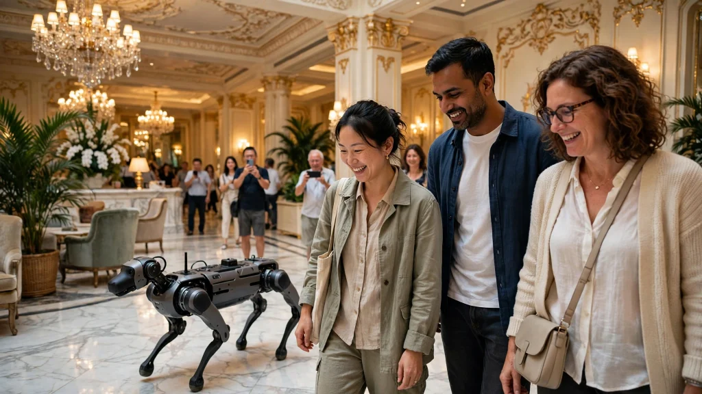 Editorial photograph of a quadruped robot dog walking beside smiling tourists through the grand lobby of a luxury Macau resort with ornate decor