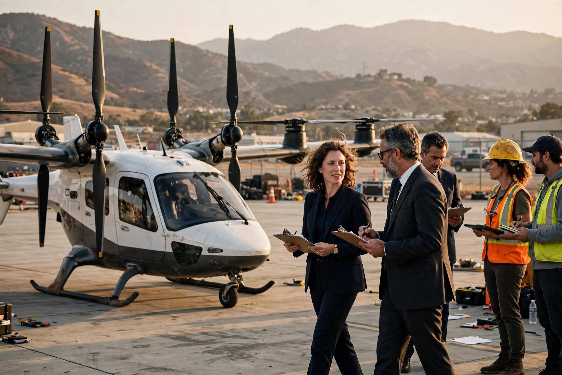 An electric air taxi on a California test apron at golden hour as aviation officials in suits inspect the aircraft