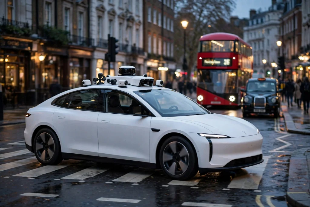 Editorial photograph of a Pony.ai Gen-7 robotaxi on a London street as Uber prepares driverless ride-hailing trials in the British capital