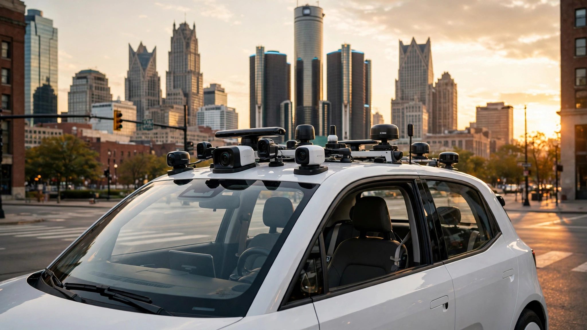 A white Waymo robotaxi with no one in the driver's seat driving through downtown Detroit
